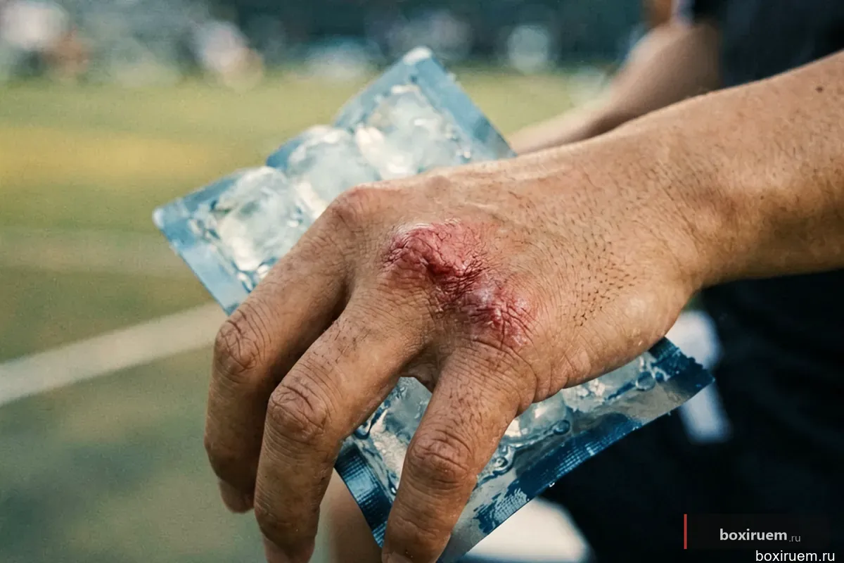 Применение льда к ушибленному костяшкам пальца
