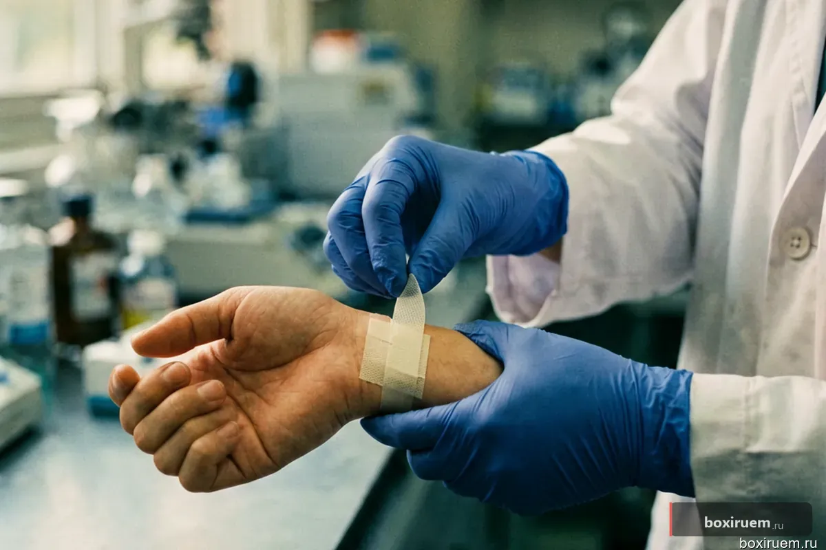 Рука врача в перчатках накладывает тейп на запястье