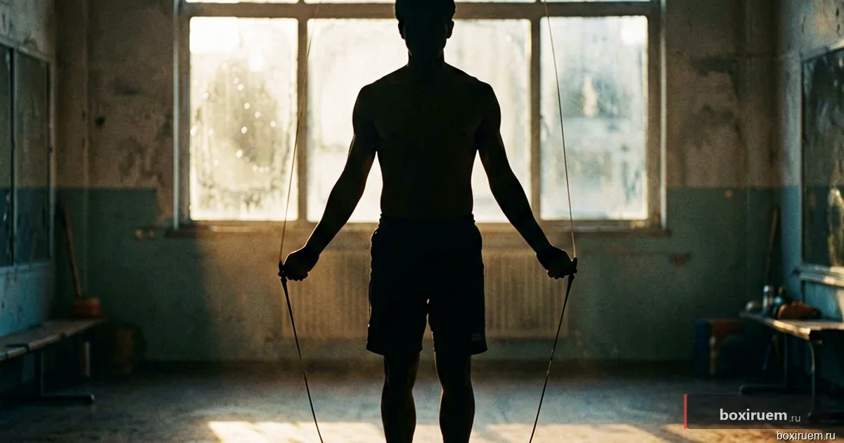 Боксер занимается теневым боксом перед зеркалом в приглушенном свете