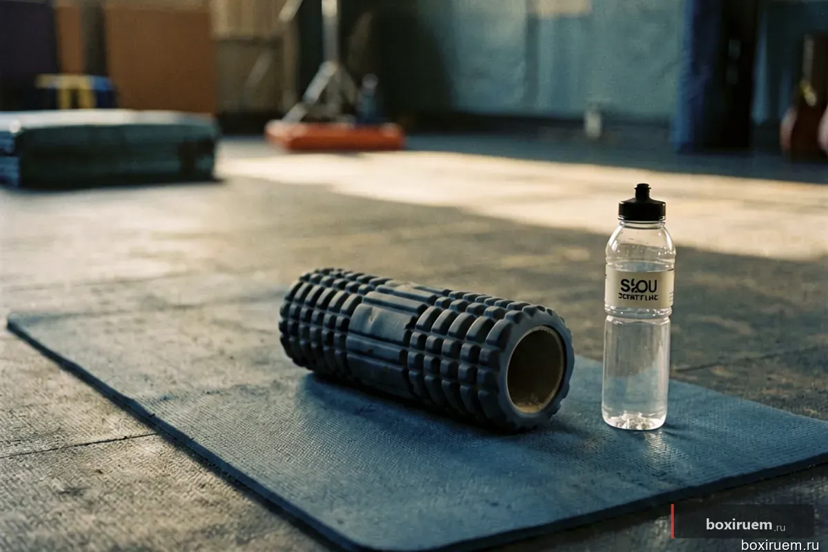 Коврик для растяжки, пенный роллер и бутылка воды