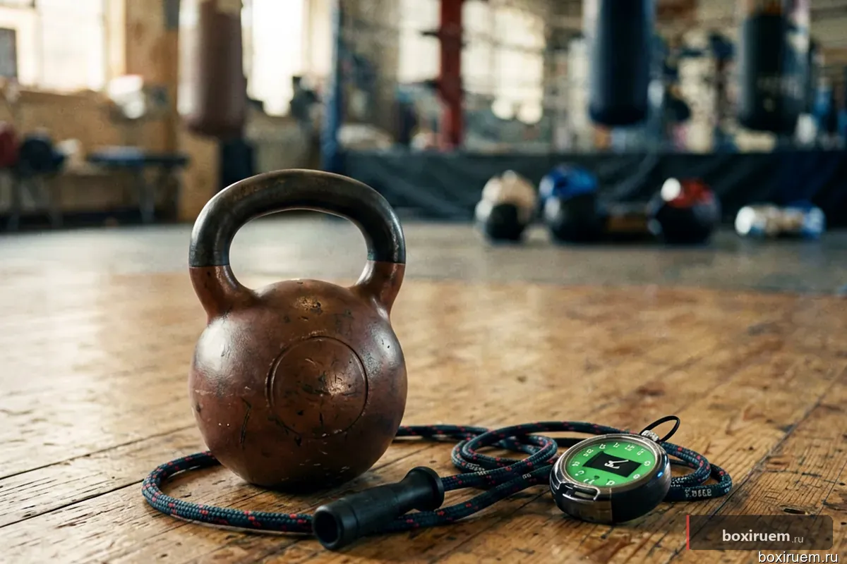 Гиря, скакалка и таймер на полу в боксерском зале
