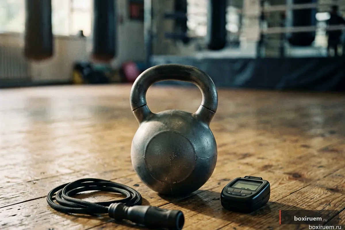 Гири, скакалка и таймер на деревянном полу боксерского зала