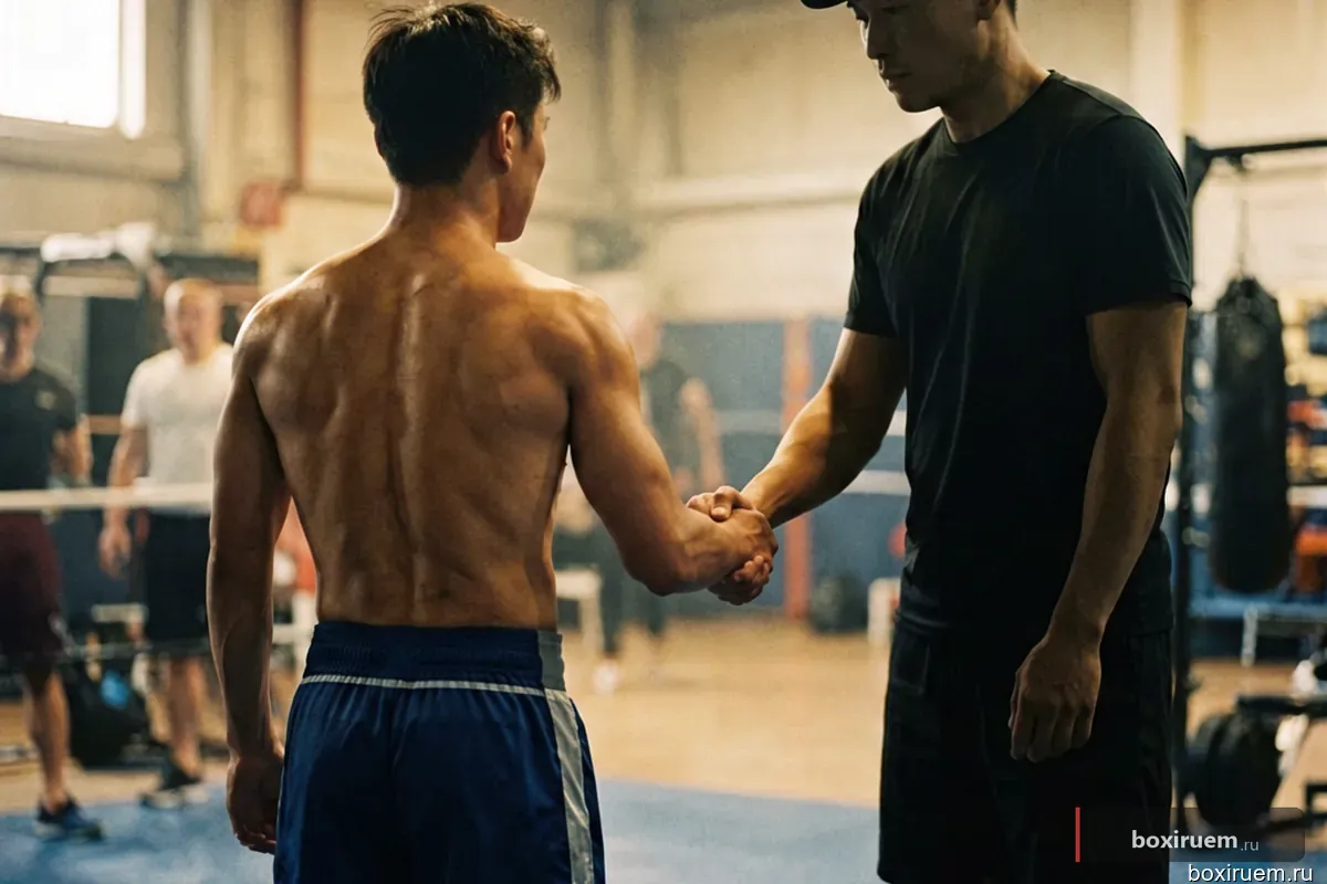 Молодой боксёр пожимает руку тренеру в спортзале